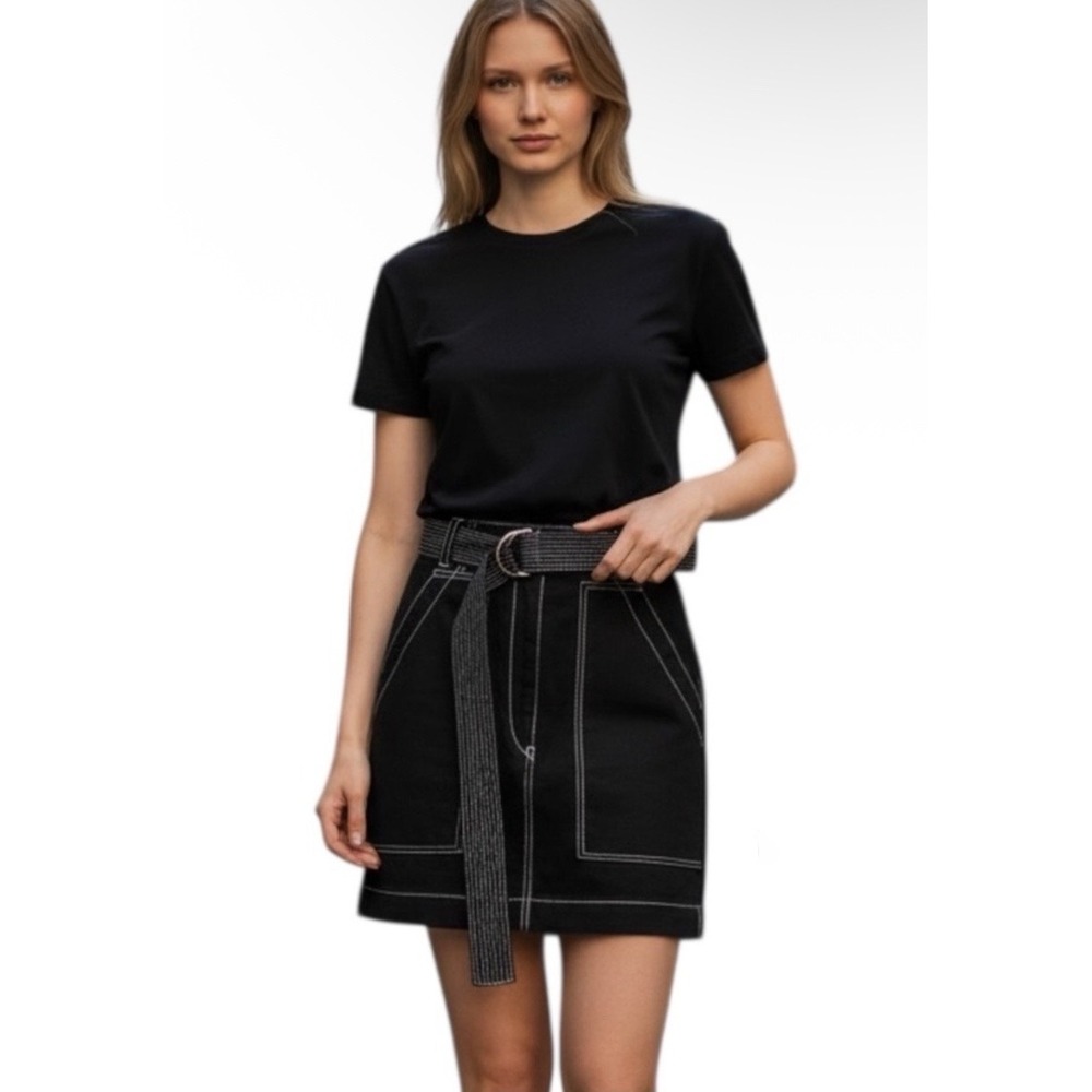 Sandro Paris Black Denim Mini Skirt 1 Small Belted Pockets A-Line Minimalist - Picture 10 of 10